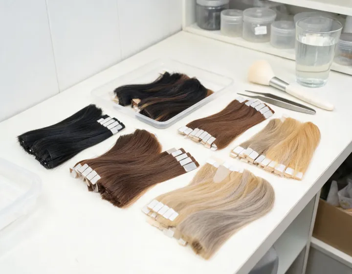Tape-In Hair Extensions Sourcing on a cosmetics bench, illustration only