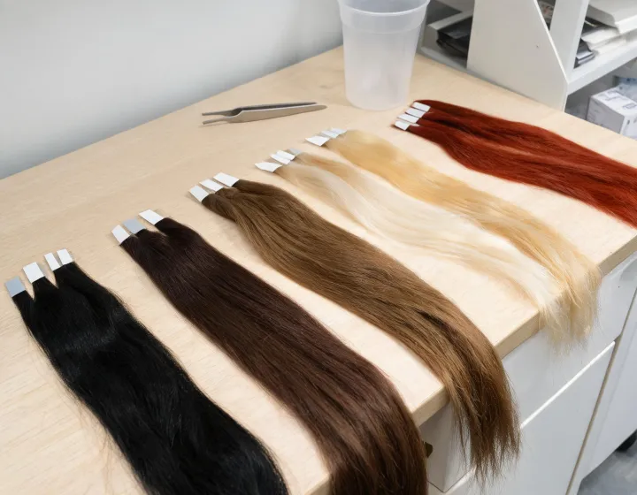 tape in hair extensions manufacturer on a cosmetics bench, illustration only