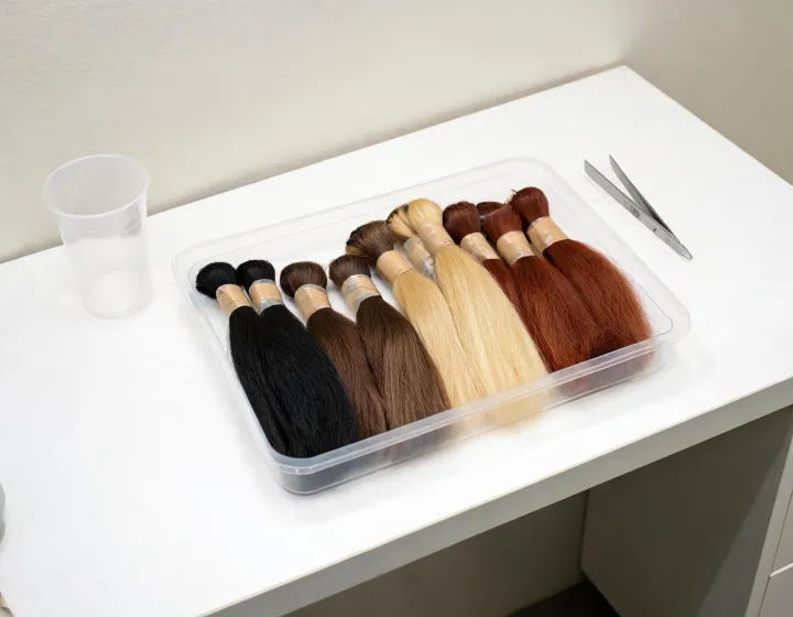 tape in hair extensions supplier on a cosmetics bench, illustration only