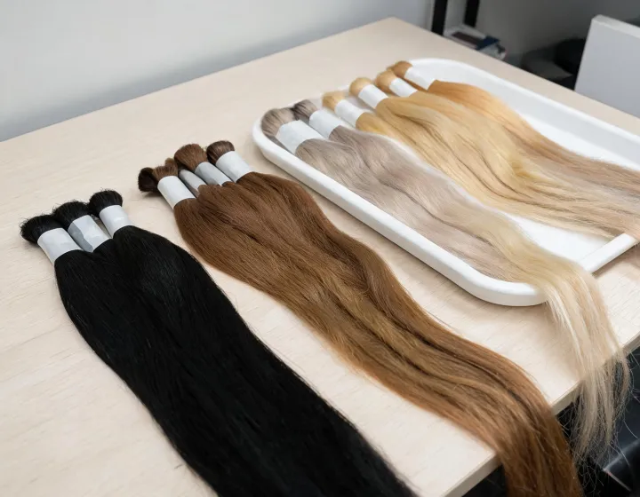 tape in hair extensions supplier on a cosmetics bench, illustration only